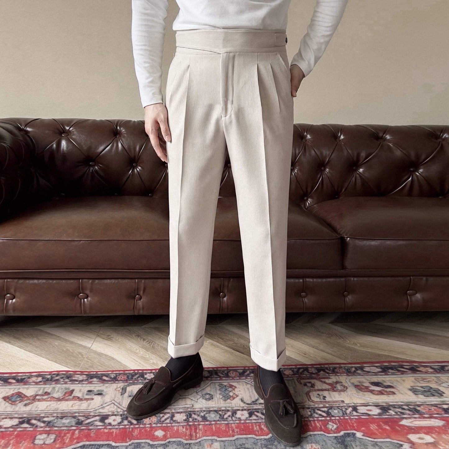 Striped Textured Self-button Trousers