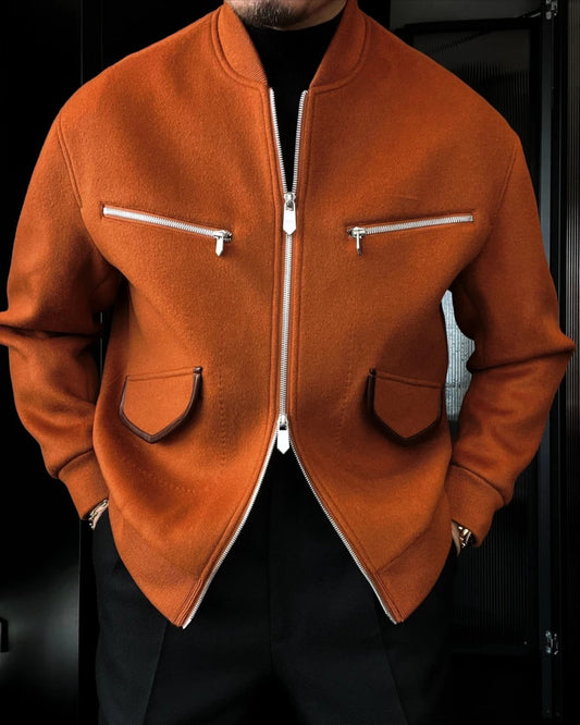 Cashmere jacket with leather trim and silver zipper